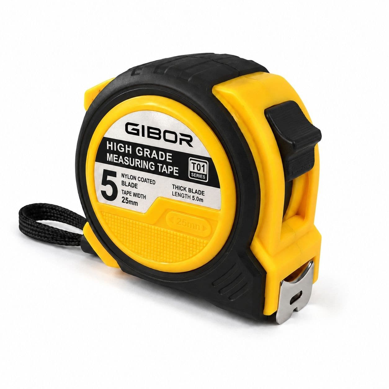 GIBOR GIB-TM-RUB-SL-001 Yellow-black rubber coated single-lock tape measure