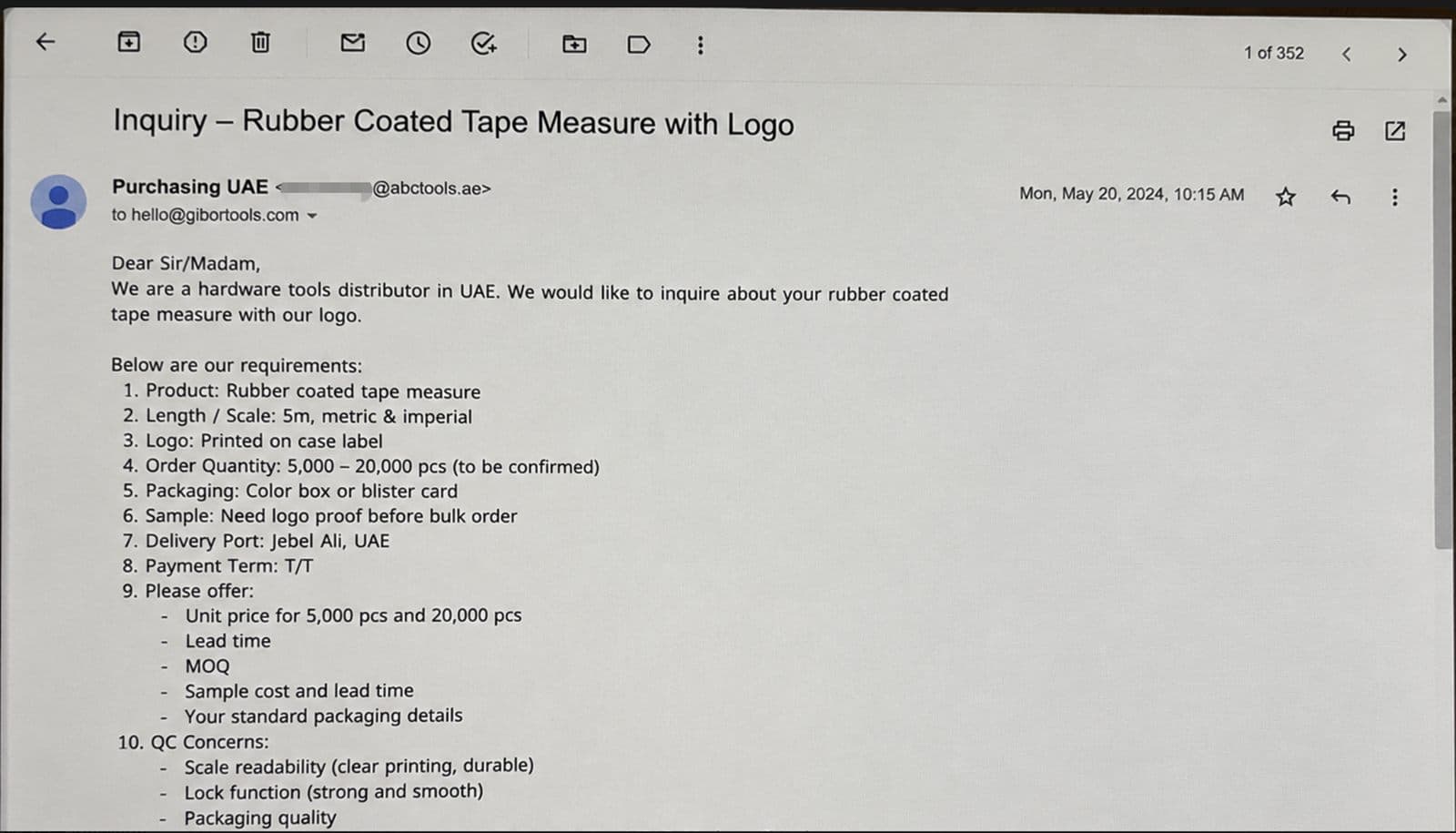 Anonymized distributor RFQ email for a rubber coated tape measure with logo, packaging, sample proof and QC requirements